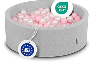 KiddyMoon 90X30cm/200 Balls ∅ 7Cm / 2.75In Baby Foam Ball Pit Made In EU, Light Grey:Light Pink/Pearl/Transparent