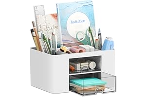 PAMIYO Schreibtisch Organizer 7 Fächer Plastik Büro Organizer, Multifunktionaler Stiftehalter Schreibtisch mit Schublade,Tisch Organizer aus Kunststoff, Stifteköcher für Büro Zuhause Schule (Weiß)