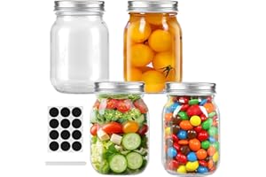 ZHOUZGLASS Glass Regular Mouth Mason Jars, 16 oz Clear Glass Jars with Silver Metal Lids for Sealing, Canning Jars for Food Storage, Overnight Oats, Dry Food, Snacks, Candies, DIY, Meal Prep (Silver, 4PACK)