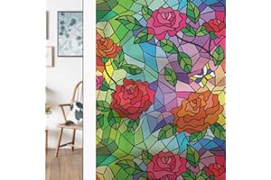 dktie Window Privacy Film Static Cling Rose Window Sticker Bathroom Glass Window Decals Non Adhesive for Home Windows 44.5x200cm