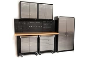 Seville Classics HD 7 Piece Standard Garage Storage System Timber Workbench, Steel Upright Cabinet and Overhead Hanging Wall Cabinets