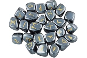 mookaitedecor 25 Pièces Hématite Runes Divinatoires Pierres Poli Roulée Gravée Cristal pour Reiki Guérison Décoration