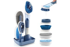 Zosenyer Cepillo Lavavajillas Rellenable con Dispensador de Jabón, Cepillo de Cocina con 4 Cabezales para Ollas, Sartenes y Fregadero, Cepillo de Limpieza de 28,5 cm con Base, Azul