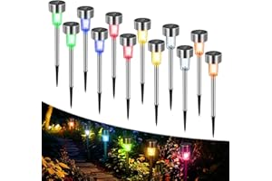 CALDARAX Paquete de 12 Luces Solares Jardín LED, Sin Cables Lámpara de Camino de Exterior Jardín, Acero Inoxidable Impermeable IP44, Lamparas Solares para Patio, Césped, Terraza, Entrada(Luz Colorida)