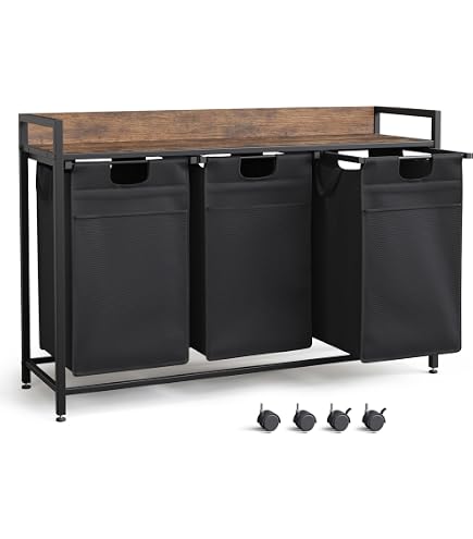 Panier à Linge Sale 3 Cases 170L Avec étagère - Tissu Oxford Amovible, Couleur Noyer - 6