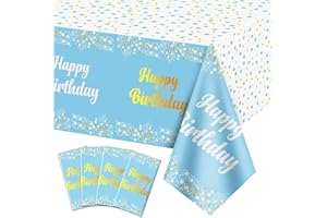 QUERICKY Confezione da 4 tovaglie di buon compleanno, copritavolo di compleanno blu e oro, tovaglie rettangolari 137x274 cm per bambini, ragazzi, ragazze, decorazioni per feste di compleanno