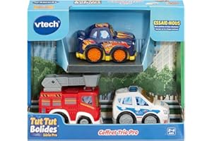 VTech - Tut Tut Bolides Série Pro, Coffret Trio Pro, 3 Voitures Enfant, Police, Camion de Pompiers et Voiture de Course, Jouet Musical et Sonore, Cadeau Enfant de 2 Ans à 6 Ans - Contenu en Français