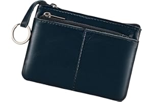 BIDPONDS Genuine Leather Coin Purse Pouch Triple Zipper Card Holder Wallet with Key Ring,Dark Blue
