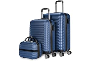 NUMADA - Gepäck-Set und Kulturbeutel 3 Stück Dunkelblau, mittel 63cm, klein 53cm und Kulturbeutel, ABS, starr, widerstandsfähig, 4 Doppelräder, leicht, seitliches Kombinationsschloss