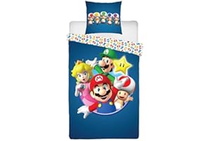 LYO Parure da letto per bambini Super Mario e i suoi amici, letto singolo, copripiumino reversibile 140 x 200 cm e federa 63 x 63 cm