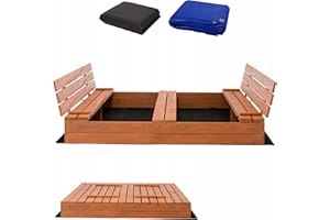 SUNWOOD Premium Sandkasten XXL 160x160 cm Imprägniert Sandbox mit Abdeckung Sitzbänken Deckel Plane Sandkiste Holz Kiefer Sandkastenvlies (160x160cm)