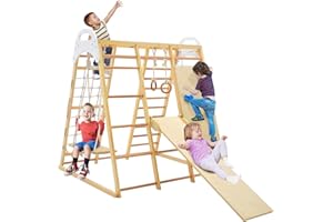 ‎DREAMADE DREAMADE 8 in 1 Kletterdreieck Kletterspielzeug mit Schaukel Leiter Rutsche Kletternetz Turnringe, Spielplatz Indoor Klettergerüst aus Holz zum Rutschen & Klettern für Kinder ab 3 Jahren (Natur)