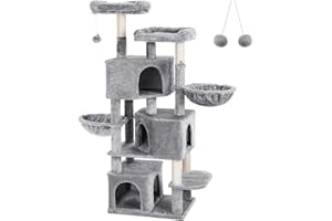 FEANDREA Large Cat Tree with 3 Cat Caves, 164 cm Cat Tower, Light Grey PCT98W