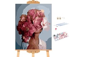 Amexo Dipingere con i numeri, per adulti, 40 x 50 cm, arte moderna, dipinta a mano su tela, senza cornice, ragazze e fiori rosa, kit per pittura a olio, pennelli e colori acrilici