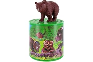 LUTÈCE CRÉATIONS Boîte à meuh ou boîte à ours traditionnelle pour entendre le cri ou le grognement d'un ours avec ours brun en résine sur la boîte et étiquette représentant une famille d'ours avec ours et oursons