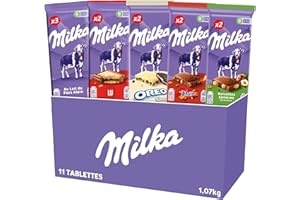 Milka - Box Chocolat Cadeau - Assortiment de 11 Tablettes de Chocolat au Lait - 5 Saveurs : Lait du Pays Alpin, Biscuit Lu, Oreo Blanc, Daim, Noisettes Entières - Chocolats à Offrir - Lot de 1,07kg