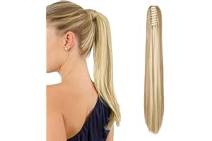 CYBELLEZA Coleta Postiza con Pinza Extensiones de Clip de Pelo Natural Extensiones de Cabello liso Sintético lacio Ponytail Largo Cola Claw 22" (Rubio arenoso&Blanqueador rubia)