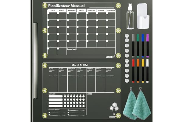 LVNRIDS 2 Pack Calendrier Frigo Transparent Magnetique en Français, 42 x 30 cm Acrylique Calendrier Magnetique Planner Frigo et Planning Semaine Magnétique Tableau Transparent