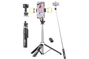 135CM Selfie Stick med 2 Fill Light, Allt-i-ett mobiltelefonstativ med avtagbar fjärrkontroll, 360° roterbart bärbart stativ