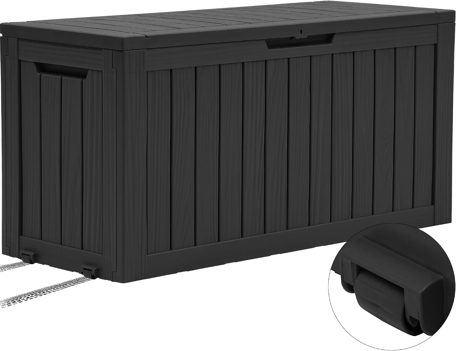 YITAHOME Outdoor Storage Box with Wheels, 270L Plastic Deck Box, Waterproof Garden Chest for Cushions, Tools & Pool Supplies, Lockable, Faux Woodgrain, 114.7 x 46.5 x 57.6 cm, Black