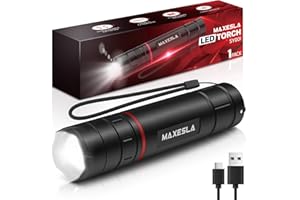 Maxesla LED Torch Rechargeable,Super Bright Flashlight with 3 Light Modes,Adjustable Focus,Pocket Size, Waterproof,Hand Torch for Camping,Hiking,and Emergency