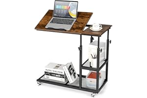 COSTWAY Stolik pod laptopa z regulacją wysokości i nachylenia, 3 poziomy, stolik pomocniczy w stylu vintage, kawowy, w kształcie litery C, do salonu i sypialni, na kółkach, 80 x 40 x 95 cm, brązowy