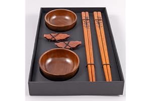 CARONTE FLAMMAE Baguettes japonaises artisanales en bois de lotus naturel pour sushi avec support et bol japonais pour sauce soja (2 paires de baguettes avec supports et 2 bols).
