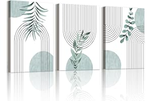 WENGTIAO 3 Pièces Boho Plantes Botaniques Tableau Decoration Murale Encadré Toile Peinture Abstraite Géométrique Ligne Minimaliste Vert Sauge Decoration Murale Salon Maison Deco Chambre 30x40cmx3
