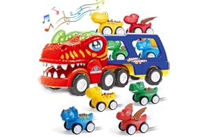 Oqunene Truck Toys for Kids 2-4, Kids Toys Boys Age 2 3 4 5, Dinosaur Car Carrier Truck Toy with 4 Rubber Car Vehicles, Toddler Birthday Gifts with Music & Lights for Boys