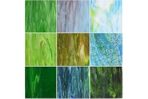 KIPHEPI 9 Sheets Variety Textured Mixed Textures Stained Glass Sheets 6 x 6" Cathedral Art Glass for Crafts and Mosaic Making (Mixed-Green)
