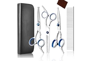 HRILKAOD Ciseaux Toilettage Chien Professionnel, Kit Toilettage Chien en Acier Inoxydable pour Animaux de Compagnie avec Compris Ciseaux à Effiler, Ciseaux Courbes, Ciseaux Droits, Peigne