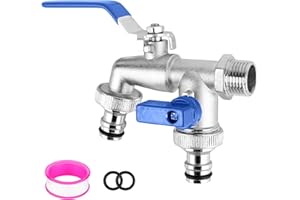 ‎CTDMJ Wasserhahn Garten Doppel Auslaufhahn 1/2 Zoll & 3/4 Zoll Kugelhahn Doppelwasserhahn aus Messing mit 2 * Gratis Schlauchanschlüsse1*Rollendichtband, Doppelanschluss und Schlauchtülle (Blau)
