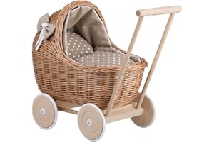 e-wicker24 Alles aus Weide Carrozzina Passeggino per Bambola di Vimini Passeggino Bambole in Vimini Naturale Passeggino Giocattolo Bambina con Maniglia e Ruote in Legno e Tessuto Beige e Bianco