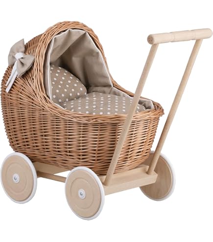 Puppenwagen Aus Weide Handgeflochten – Mit Bettwäsche, Holzgriff & Gummierten Rädern, Für Puppen Bis 35 Cm