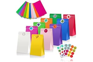 Leenou 20 Pezzi Sacchetti Regalo di Carta, Sacchetti di Carta per Caramelle, Borsa da Festa Colorata con 48 adesivi, Sacchettini Compleanno Bambini per Confezionare Regali, Matrimoni, Festa, Natale
