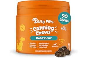 Zesty Paws Calming Treats for Dogs | Helps with Separation Anxiety, Stress & Hyperactivity, Supports Wellbeing & Relaxation | Contains Green Tea, Ashwagandha, L-Tryptophan | Daily Use | 90 Chews