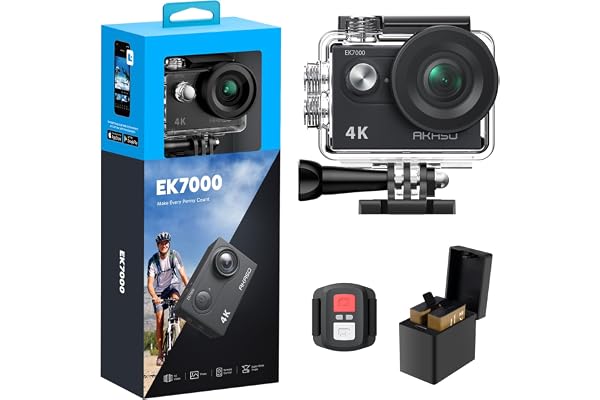 AKASO Caméra Sport 4K 30fps 20MP WiFi Caméra d'action 170° Grand Angle, Télécommande 2.4 G, Caméra Étanche 30M et 2 Batteries, Stabilisation- EK7000