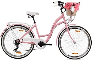 ‎GOETZE Goetze Mood 26 inch women's city bike, 17 inch low-entry frame, 6-speed derailleur, V-brake, LED lighting, pannier rack, comfort saddle, mudguards, rattan basket with fabric insert