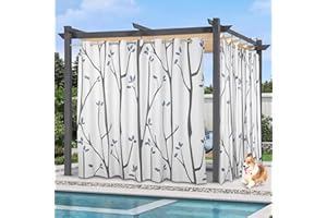 Qelus Waterproof Outdoor Curtain W 254 x H 213 cm, Branch Printed Outdoor Curtains with Eyelets, Outdoor Curtains, Sun Protection for Garden, Patio, Gazebo, Porch, Balcony (Grey White, 1 Piece)