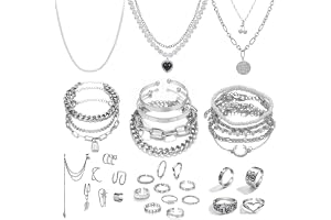 CHarmeFleur 36 st silverpläterad smyckesset med 3 halsband, 12 armband, 7 örhängen, 14 enkla ringar för kvinnor och flickor som present till Valentinsdag, bröllop, födelsedag