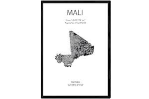 Nacnic Feuille carte Mali. Photos, impressions et affiches pour le salon, la chambre à coucher... Style nordique en noir et blanc. Poster de pays et continents. Format A4 sans cadre.