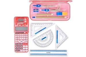 KAPEK Scientific Calculator + Math Set for Schools | 2-Line Display | 10-Piece Geometry Set | Ruler, Compass, Protractor | 240+ Integrated Functions | GCSE Math Bundle | Pink