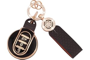Koaudb Housse de clé de voiture pour BMW Mini Cooper F54 Clubman F55 F56 F57 F60 Countryman Housse de clé intelligente à 3 boutons en TPU souple avec porte-clés en cuir noir et or (C-BP-Mn)