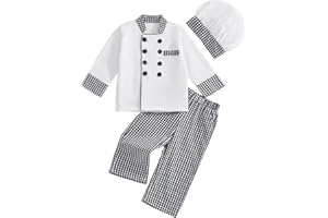 JCOPLY Unisex Toddler Baby Chef Outfit Kids Boys Girls Baker Clothes Long Sleeve Button Up Tops Plaid Trousers with Hat 3 Piece Set 2-7Y for All Season
