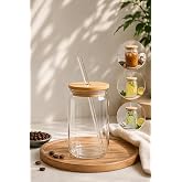 Pipetli Cam Bardak Bambu Kapaklı | Soğuk Kahve, Bubble Tea, Limonata, Smoothie ve Soda Bardağı 540 ml