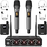 TONOR UHF Wireless Microphone Set with Bodypack/Headband/Lapel Transmitter, 4x5 Frequencies, 60m Range for Singing, Karaoke,