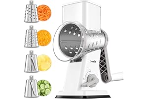 Geedel Cheese Grater, Vegetable Slicer with 4 Interchangeable Blades, Graters for Kitchen, Faster Cutting, Non-Slip Base, Rotary Drum Grater Ideal for Cheese, Cucumber, Carrot, Nuts, etc. White