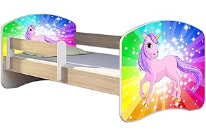 ACMA Letto per Bambino Cameretta per Bambino con Materasso Cassetto II Rovere Sonoma (18 Il pony arcobaleno, 140x70)