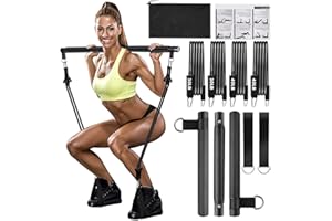 Qicool Pilates Bar Set, Pilates Bar Kit with 4 Resistance Bands,Portable Fitness Equipment for home,Yoga Pilates,Pilates Bar Workout Resistance Bands with Foot Strap for Legs,Hip,Waist and Arm