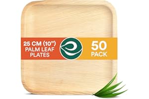 ECO SOUL 50 Disposable Palm Leaf Plates 10”(25cm) Square Large Bamboo Plate I Eco Friendly, Biodegradable, Compostable Heavy-Duty Plate, Wooden Plates for Party & Events I Microwave & Oven Safe